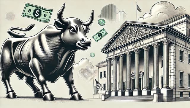 wall street bull pictured next to bank